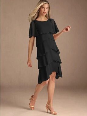 Azazie Black Tiered Ruffle Midi Dress with Beaded Shoulders